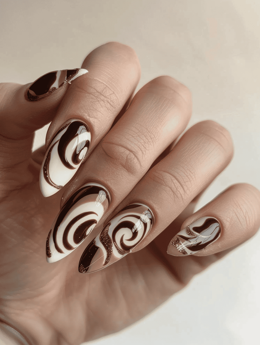 dessert-themed nail art. creamy coffee tones with chocolate swirls