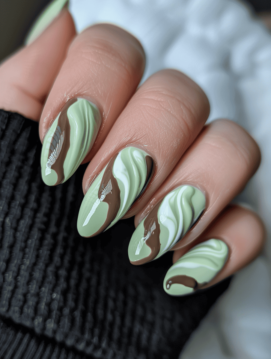dessert-themed nail art. soft matcha green with cream layers
