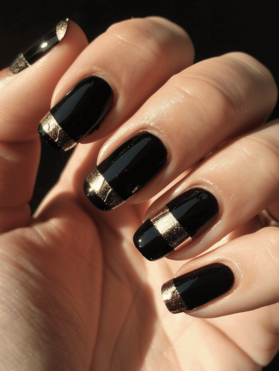 car racing nail design. glossy black nails with gold racing stripe
