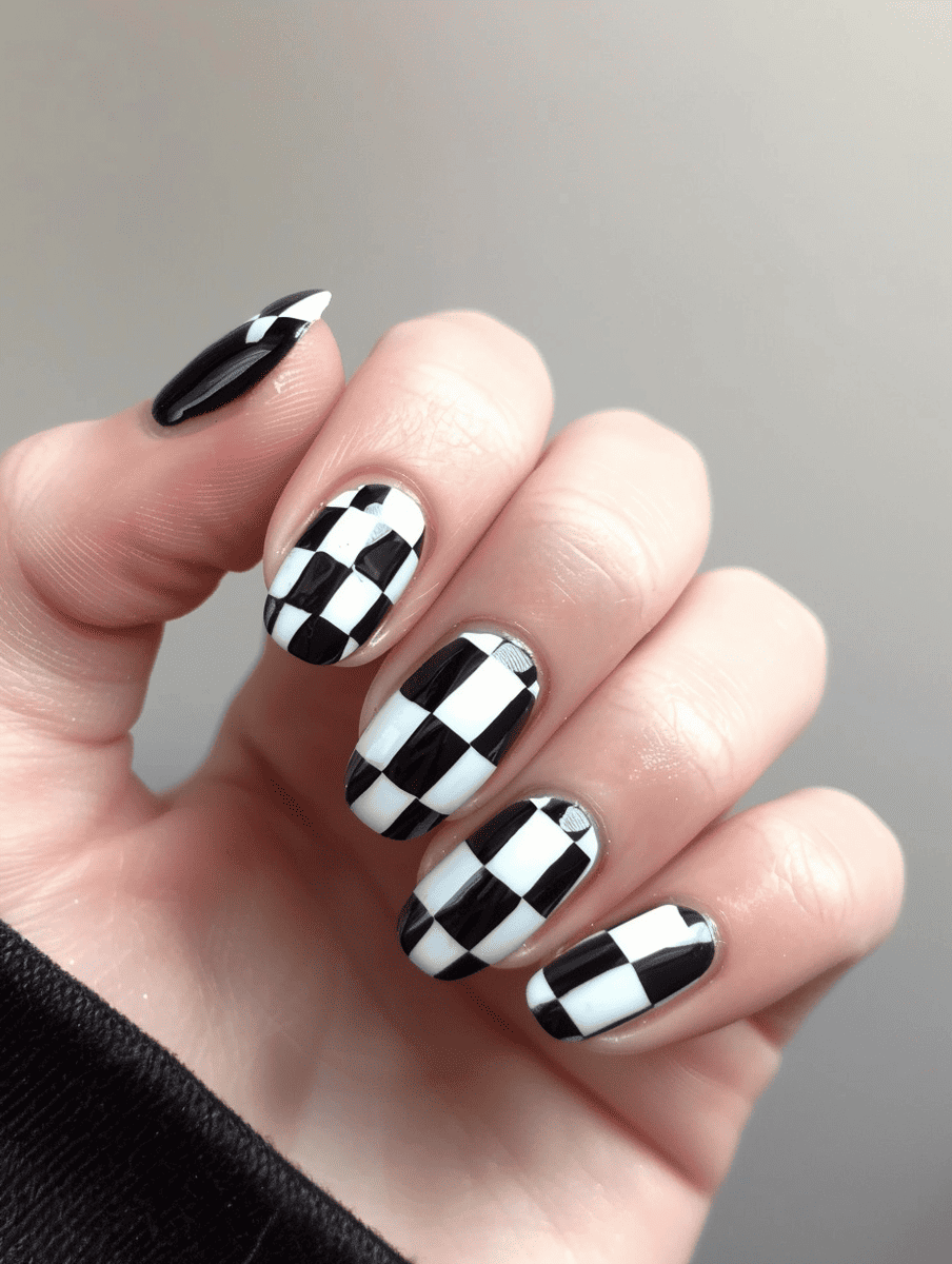 car racing nail design. black and white checkered flag