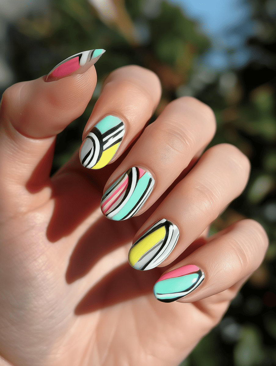 car racing nail design. pastel nails with race track curves