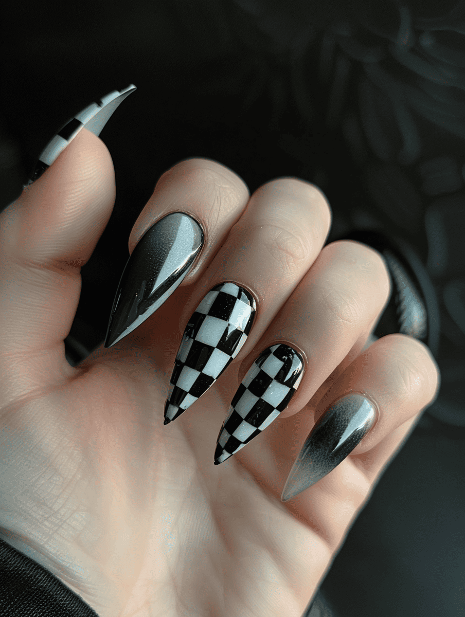 car racing nail design. checkerboard and gradient effect from black to grey