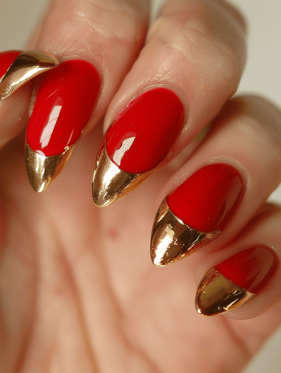 red and gold nail art. classic red with gold tips