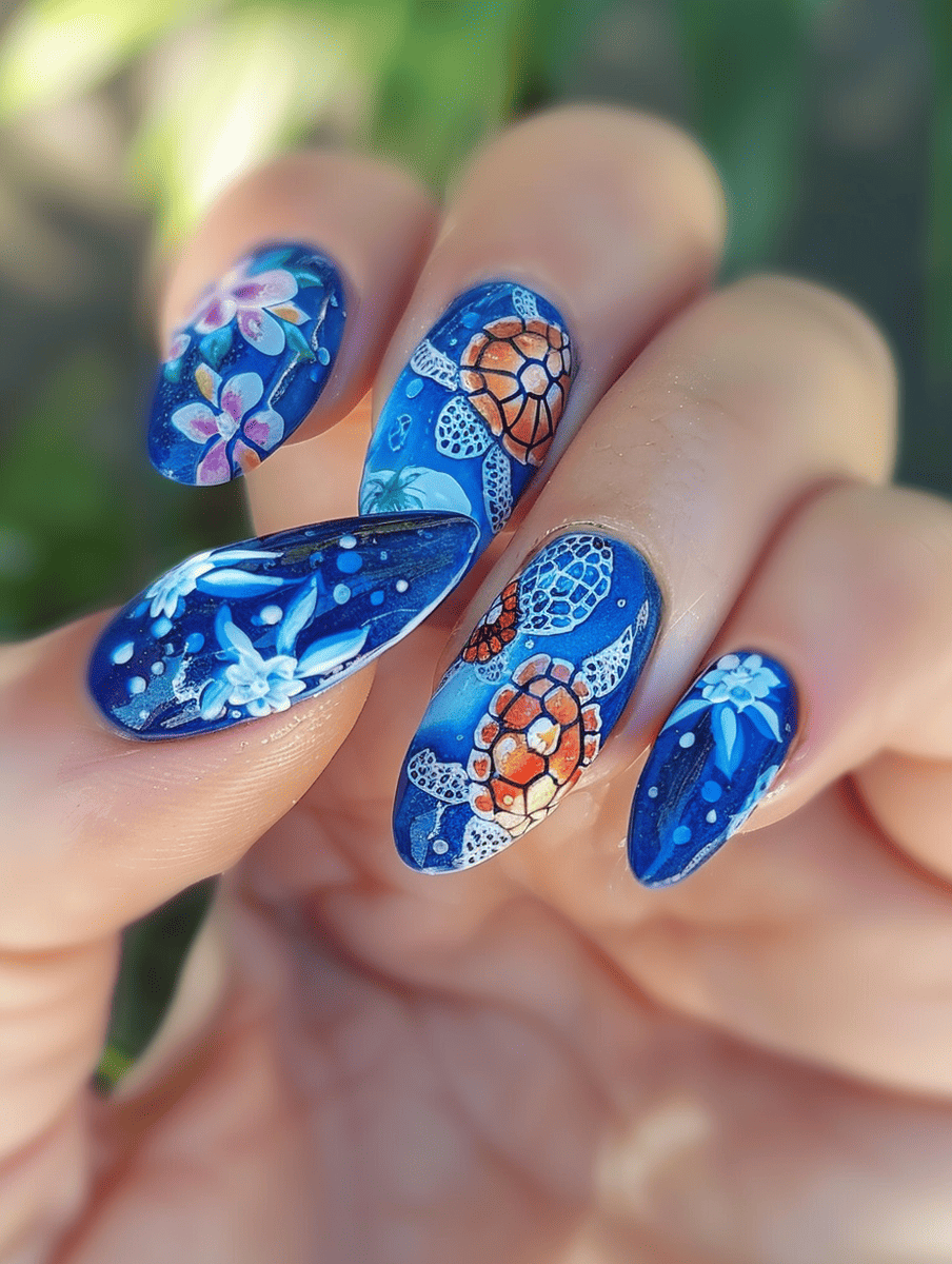 Underwater creature nail art featuring sea turtle journey across the ocean