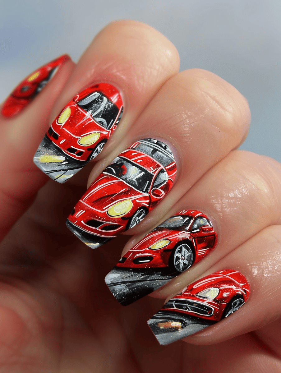 car racing nail design. red racing car on the road