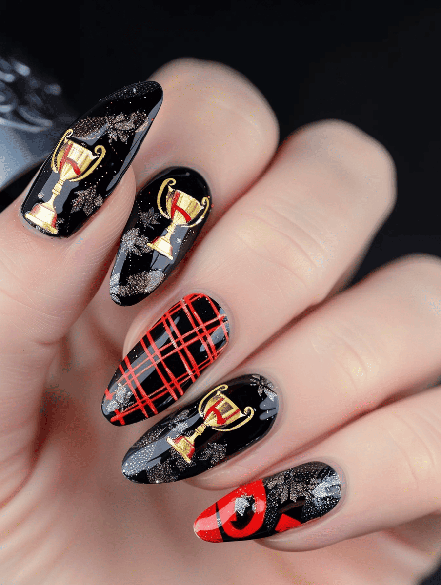 nail design featuring a trophy with silver and red accents on a black base.
