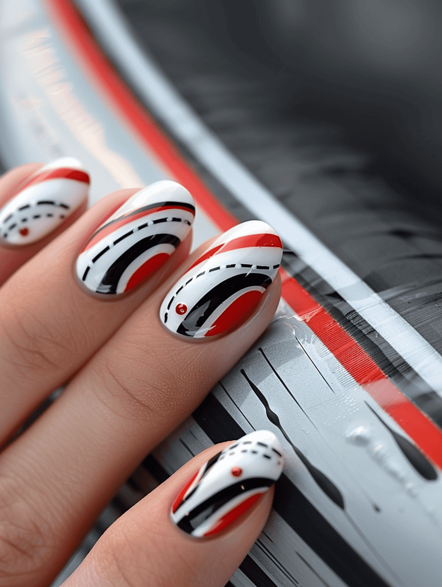 car racing nail design. iconic curves and asphalt of racing track