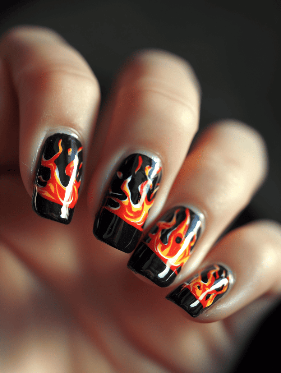 car racing nail design. fiery red and orange flames