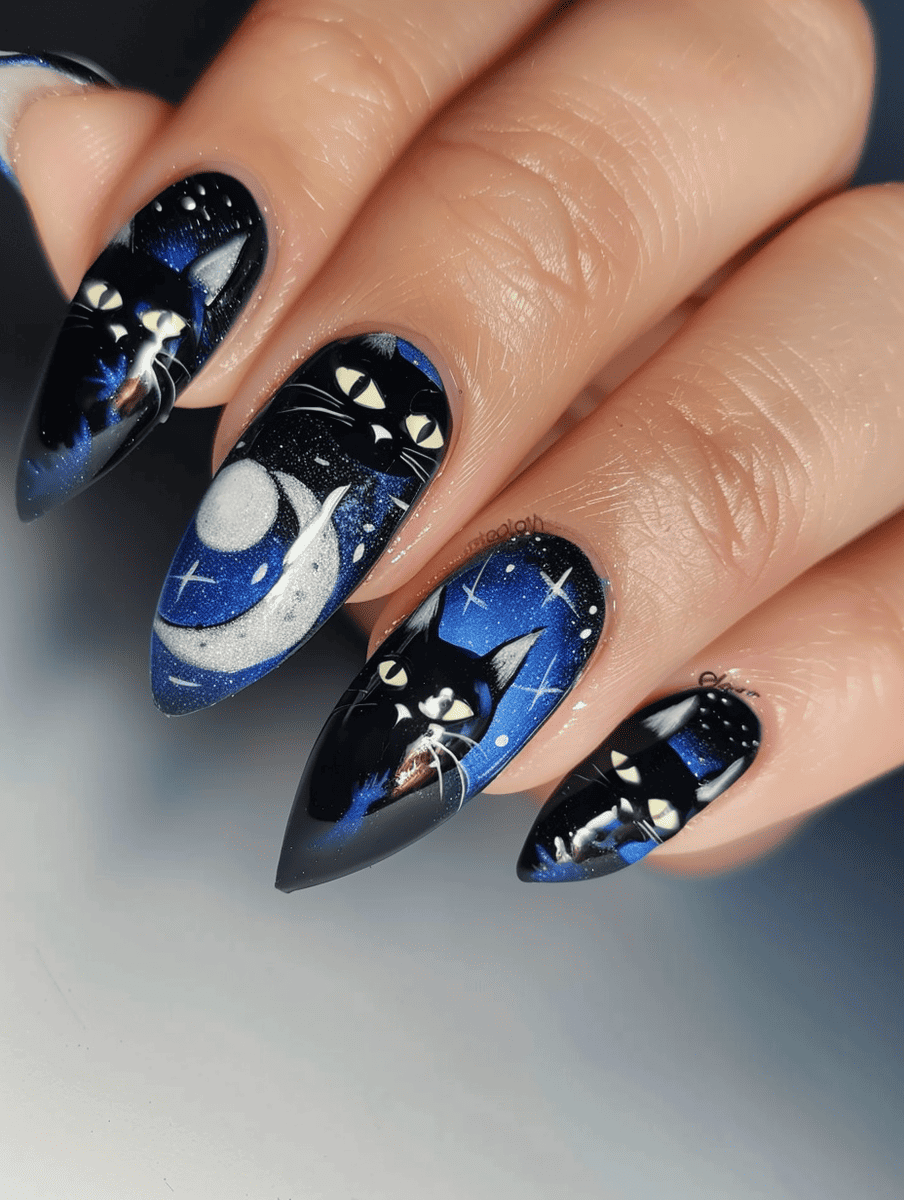 cat nail art. black cats and full moons on midnight blue