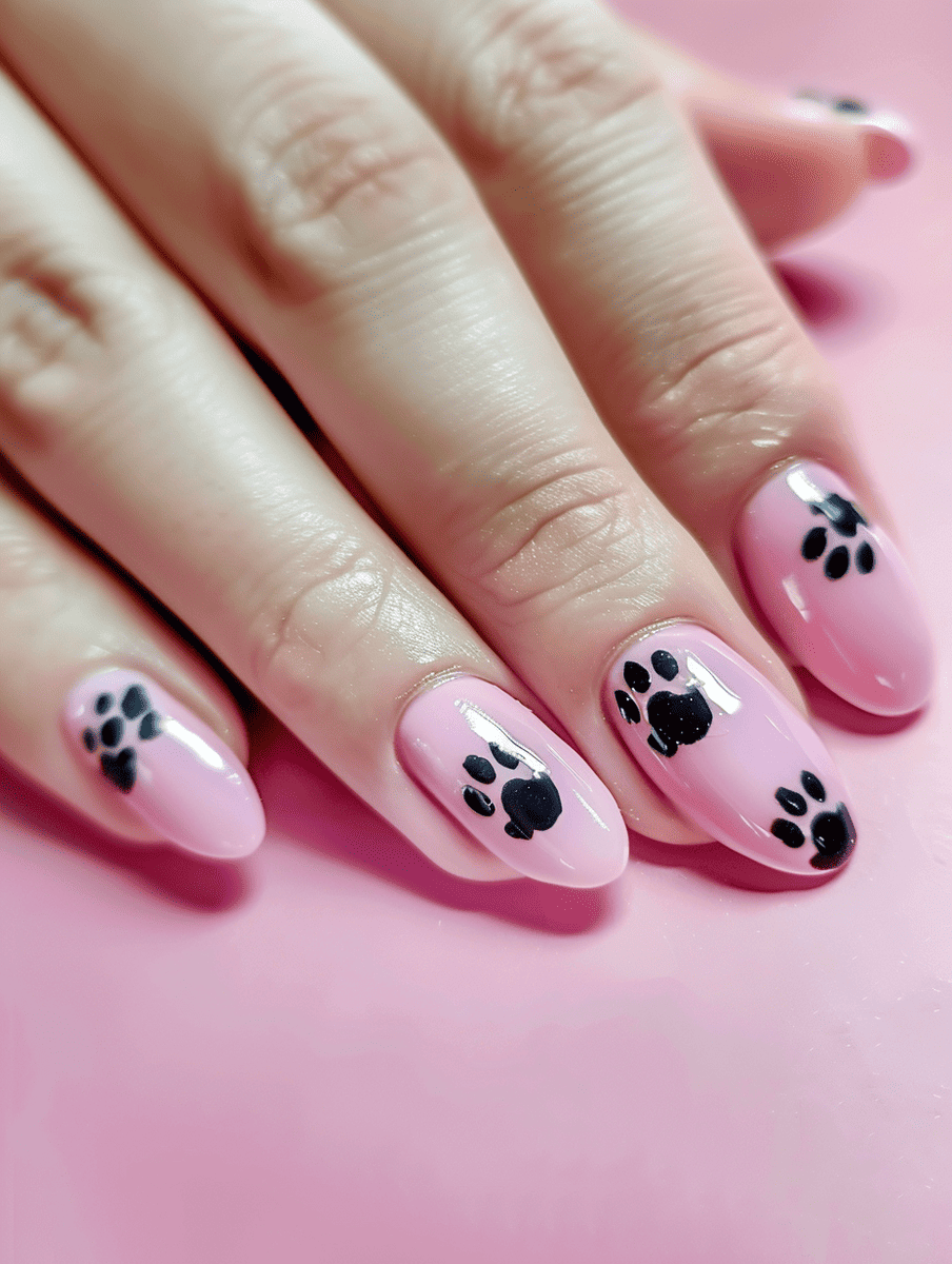 cat nail art. playful paw prints on pink