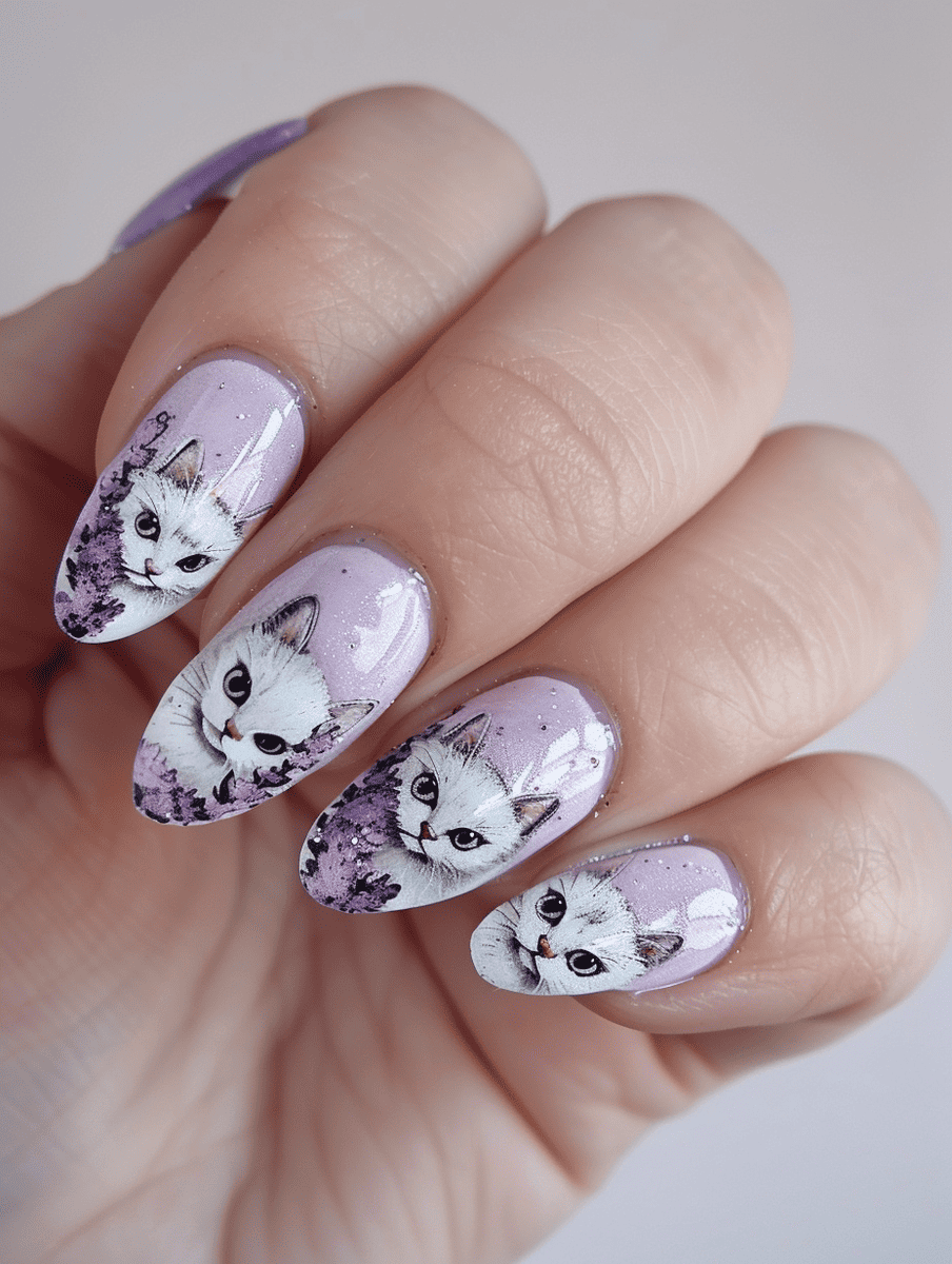cat nail art. elegant white cats on lavender
