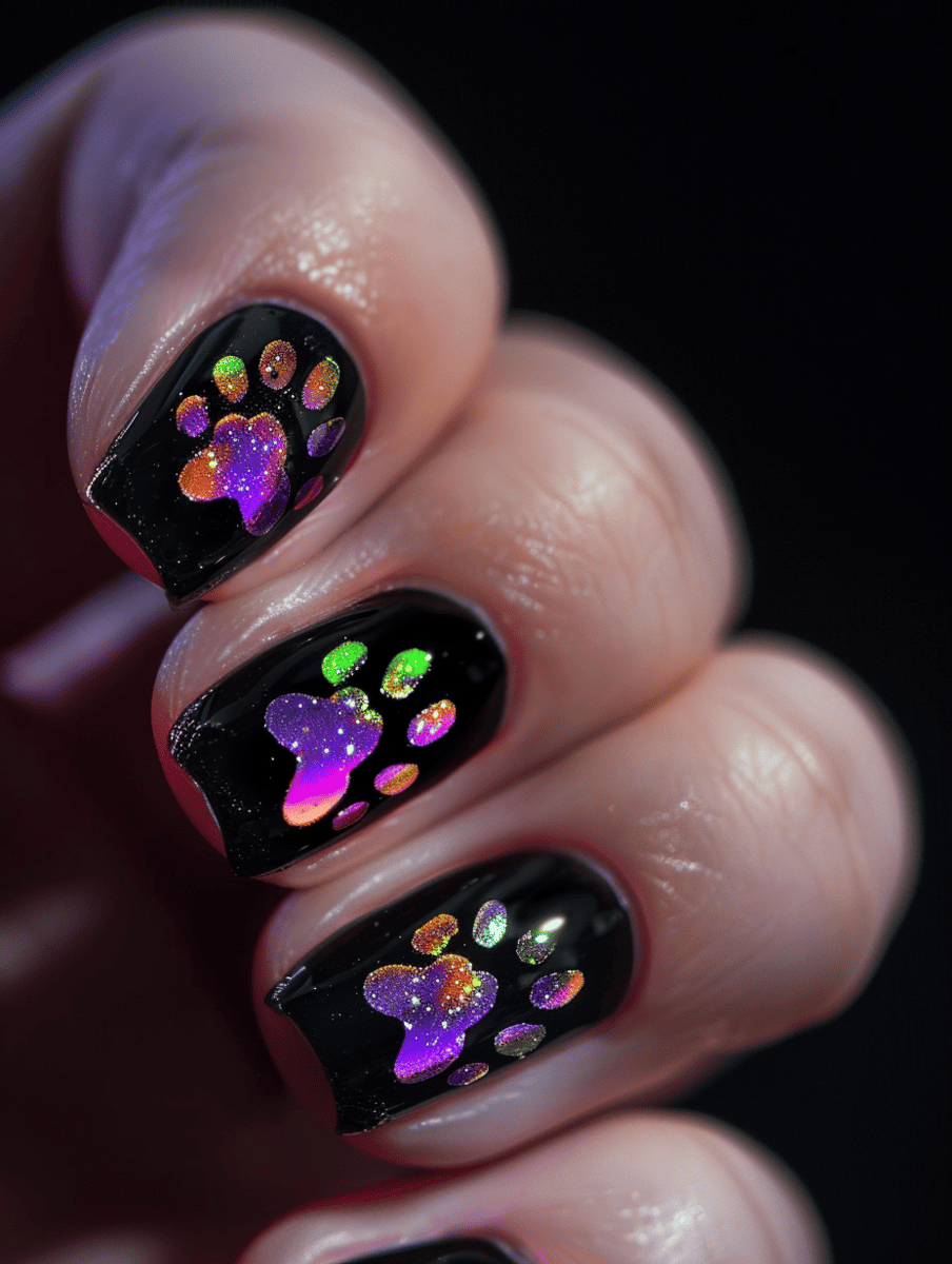 cat nail art. neon cat paw prints on black