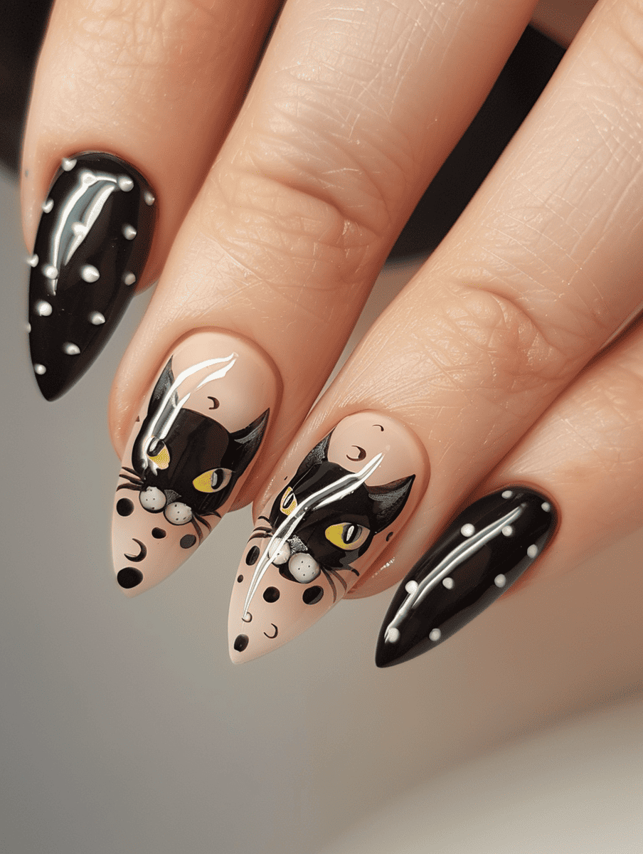 cat nail art. classic cat faces and polka dots