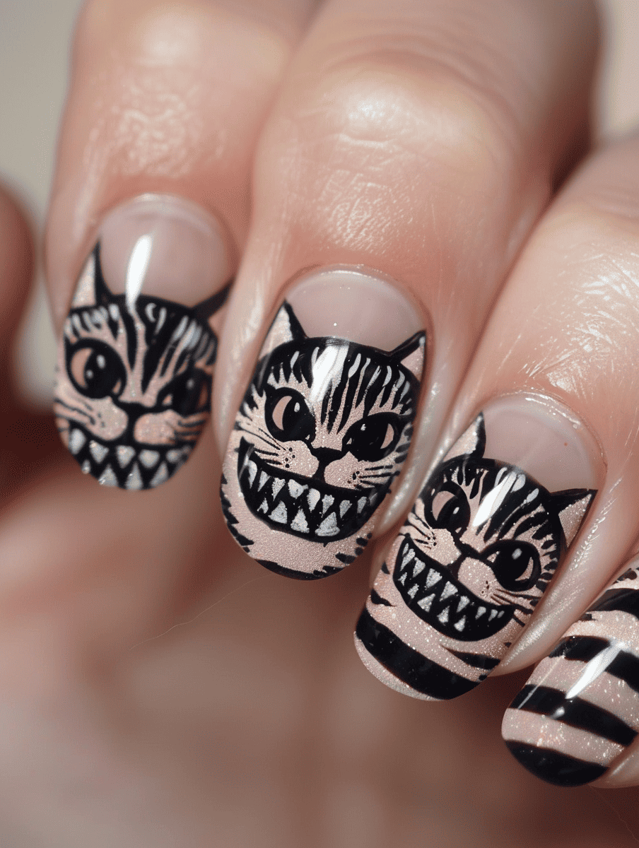 cat nail art. Cheshire cat grins and stripes