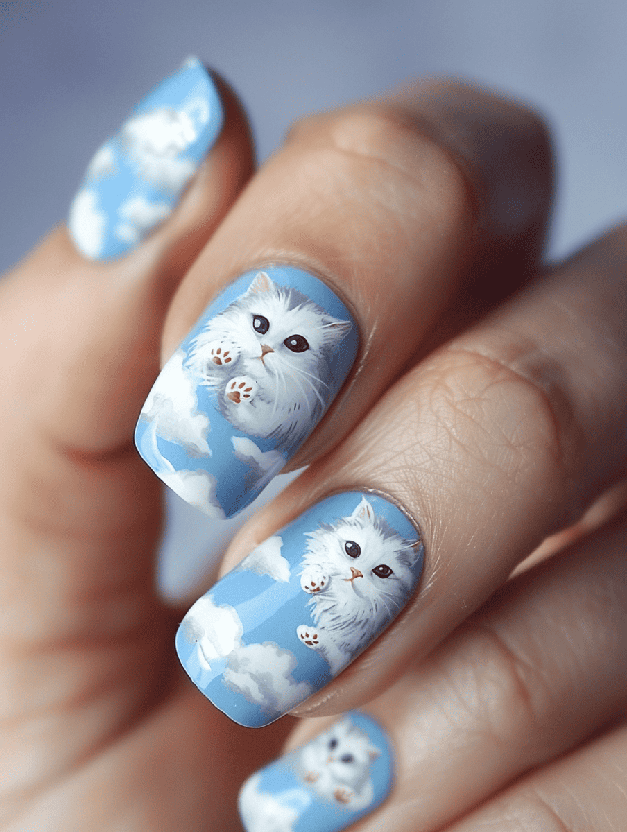 cat nail art. fluffy white cats on sky blue