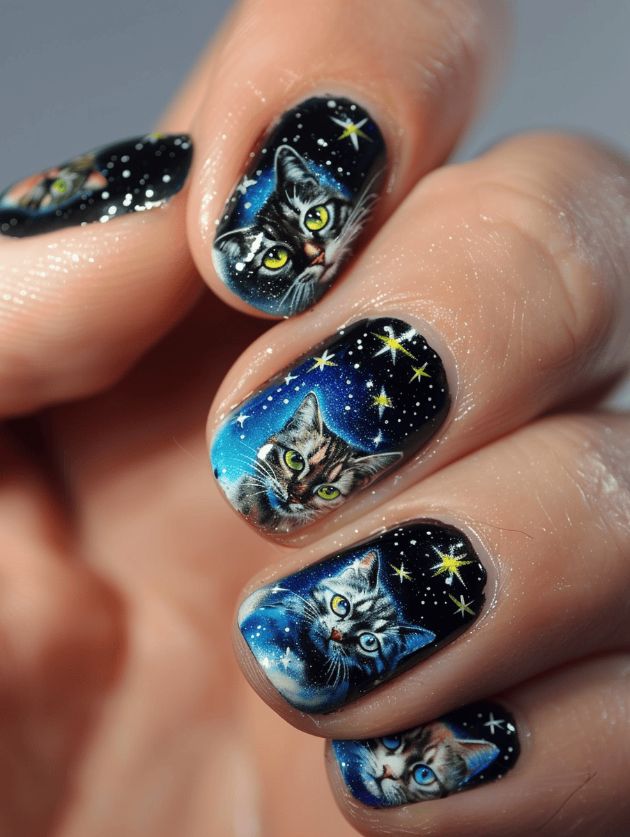 cat nail art. galaxy cats amidst stars