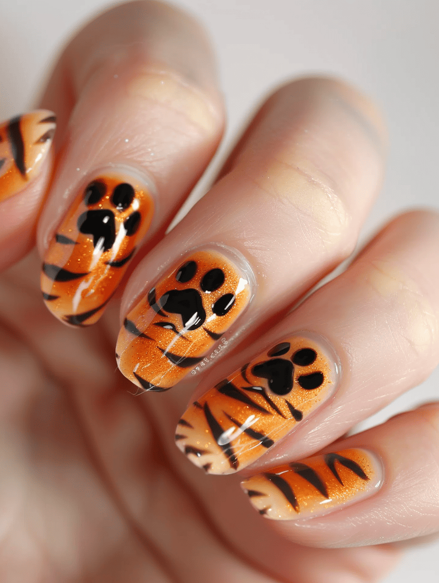 cat nail art. orange tabby stripes and paw pads