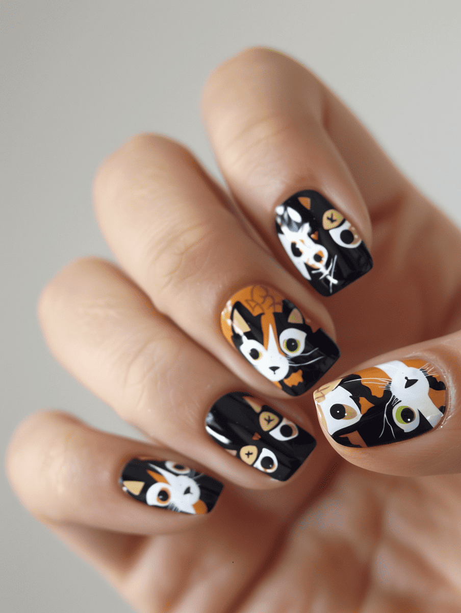 cat nail art. calico cat patches and patterns