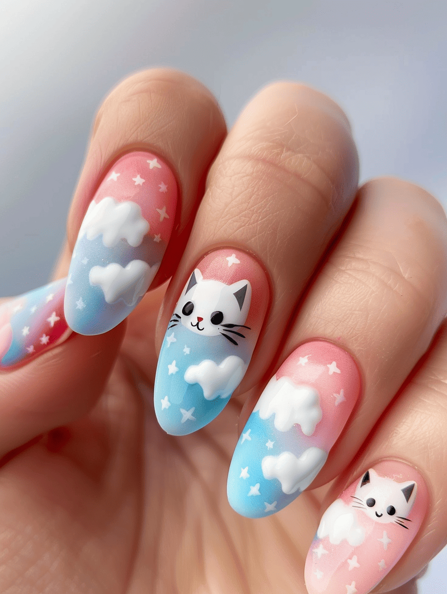 cat nail art. pastel cat dreams with clouds