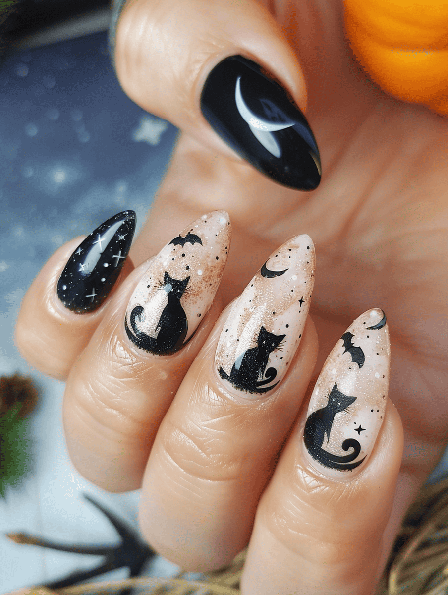cat nail art. witchy cats and moons