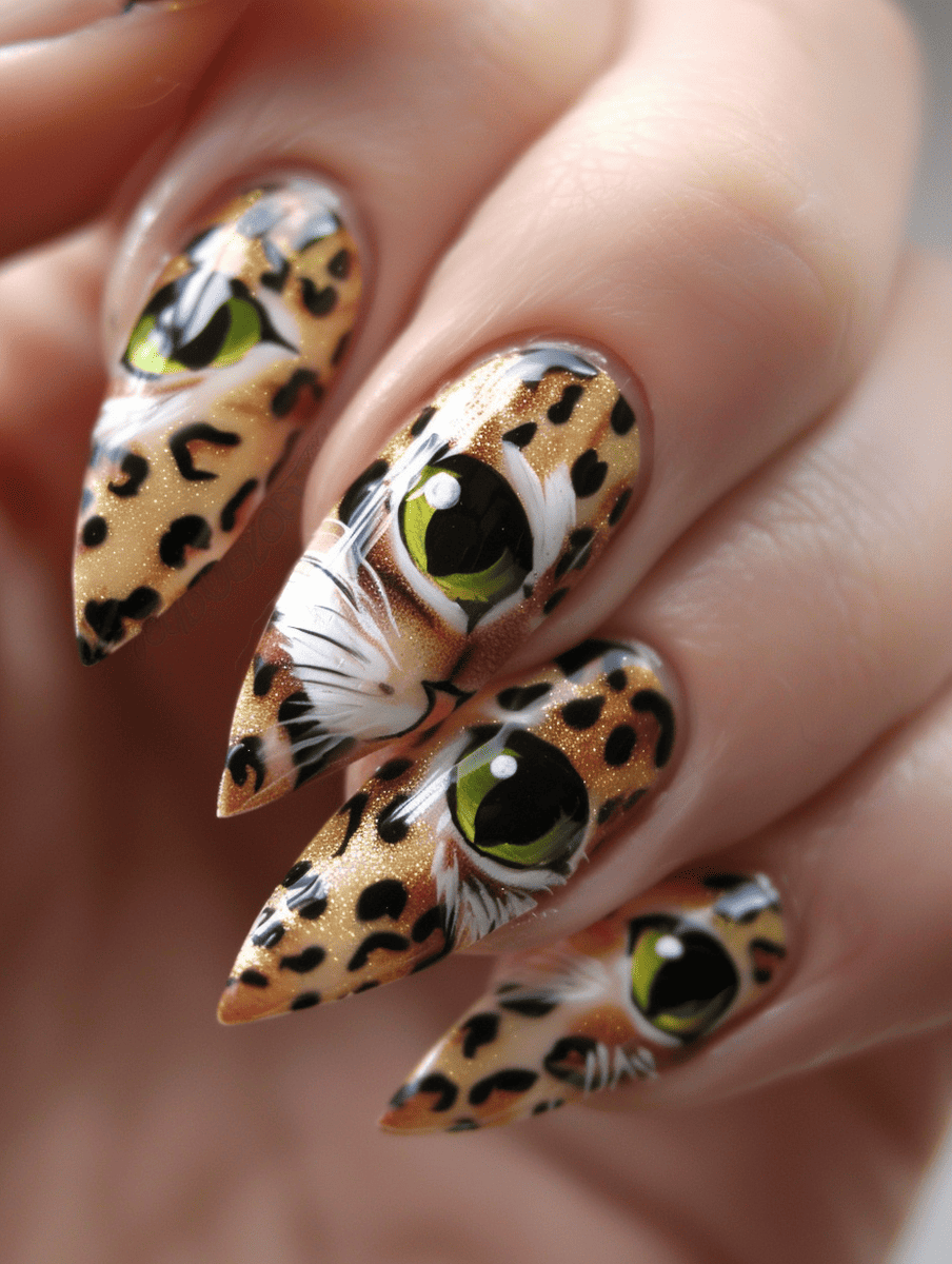 cat nail art. leopard print and cat eyes