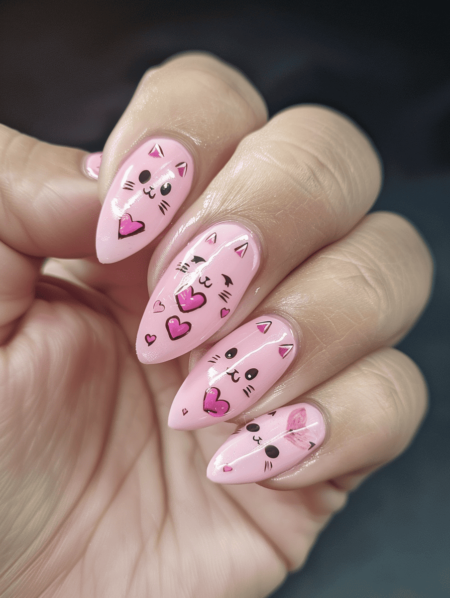 cat nail art. purrfect pink cats and hearts
