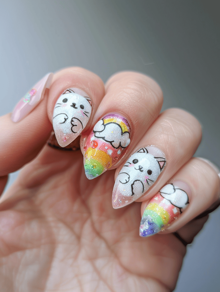 cat nail art. rainbow cats and clouds