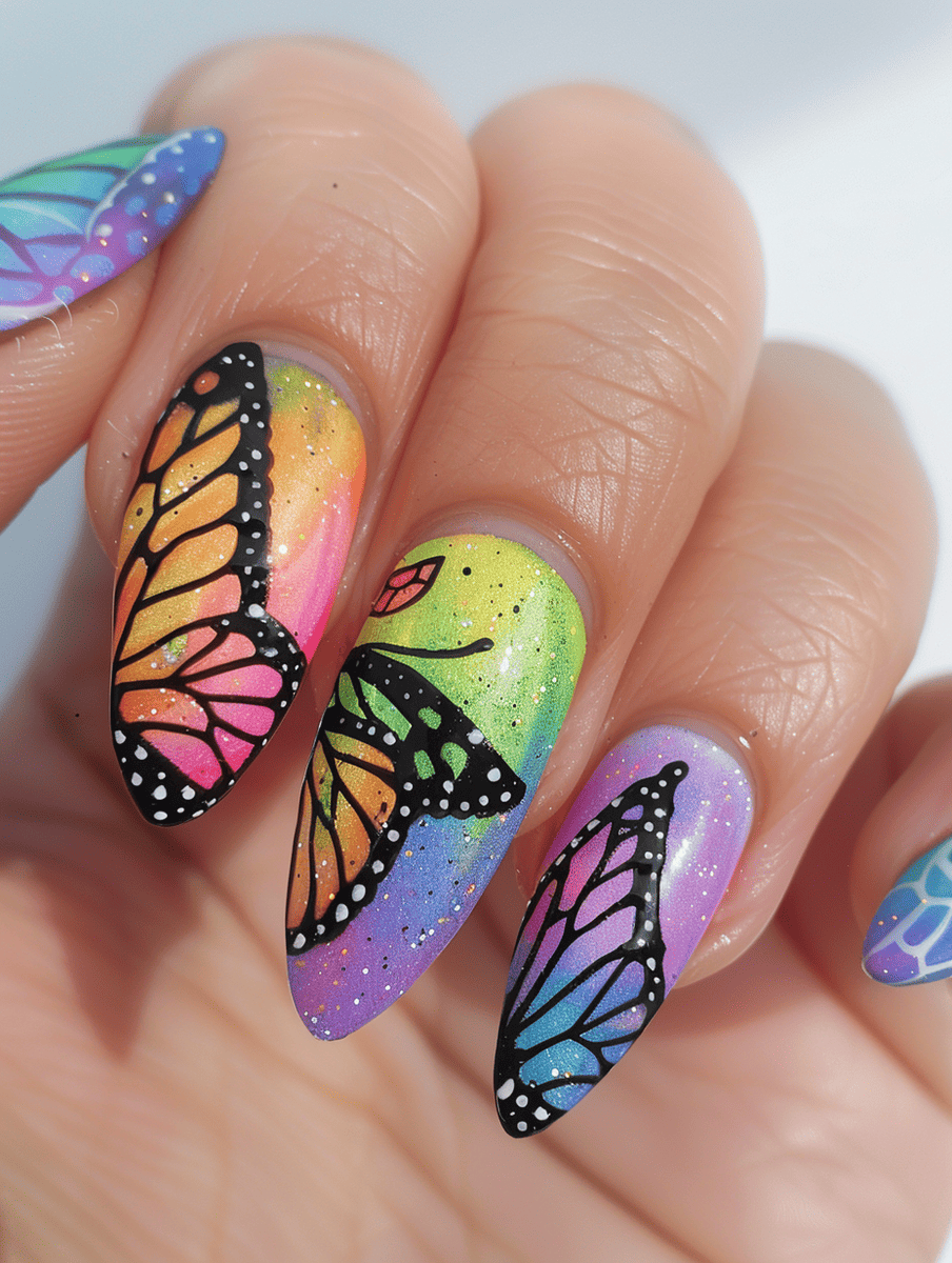 butterfly nail art with pastel rainbow and butterfly wings