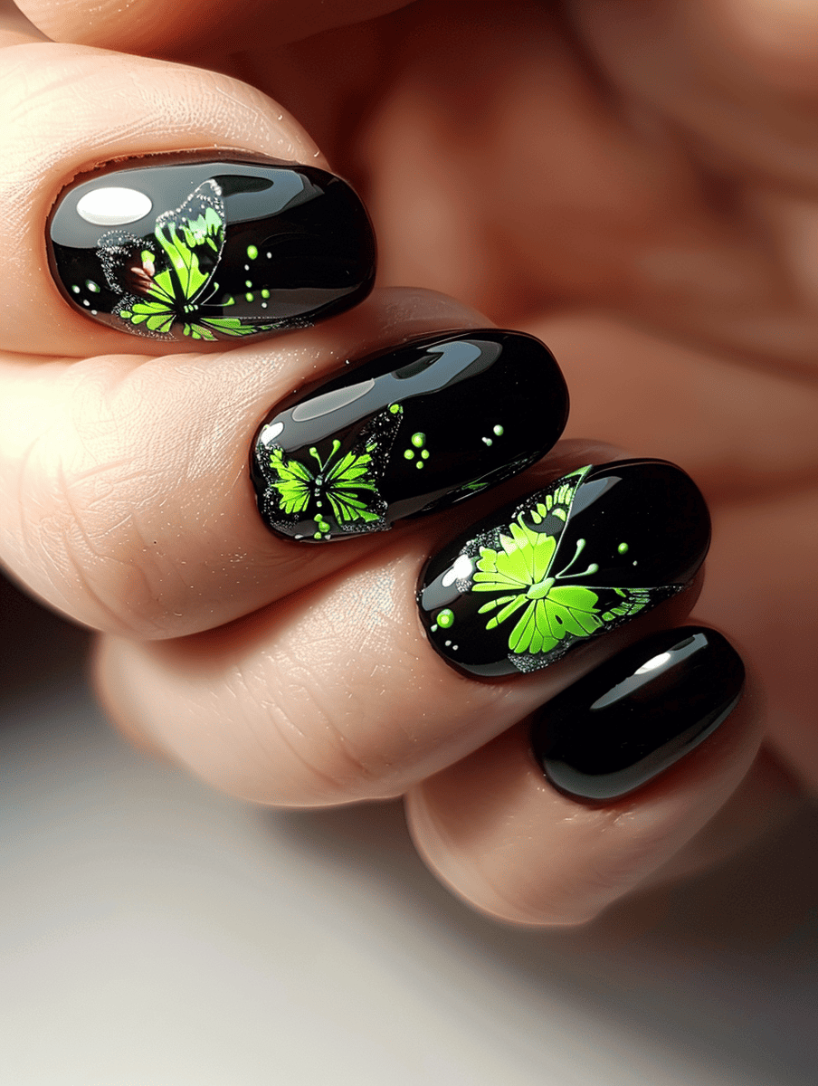 butterfly nail art with neon accents on a black base