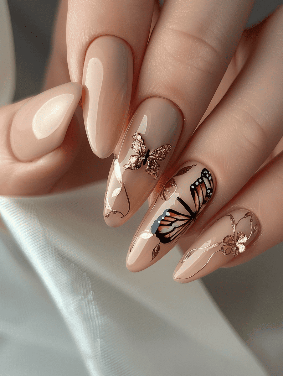 butterfly nail art with 3D butterfly stickers on nude nails