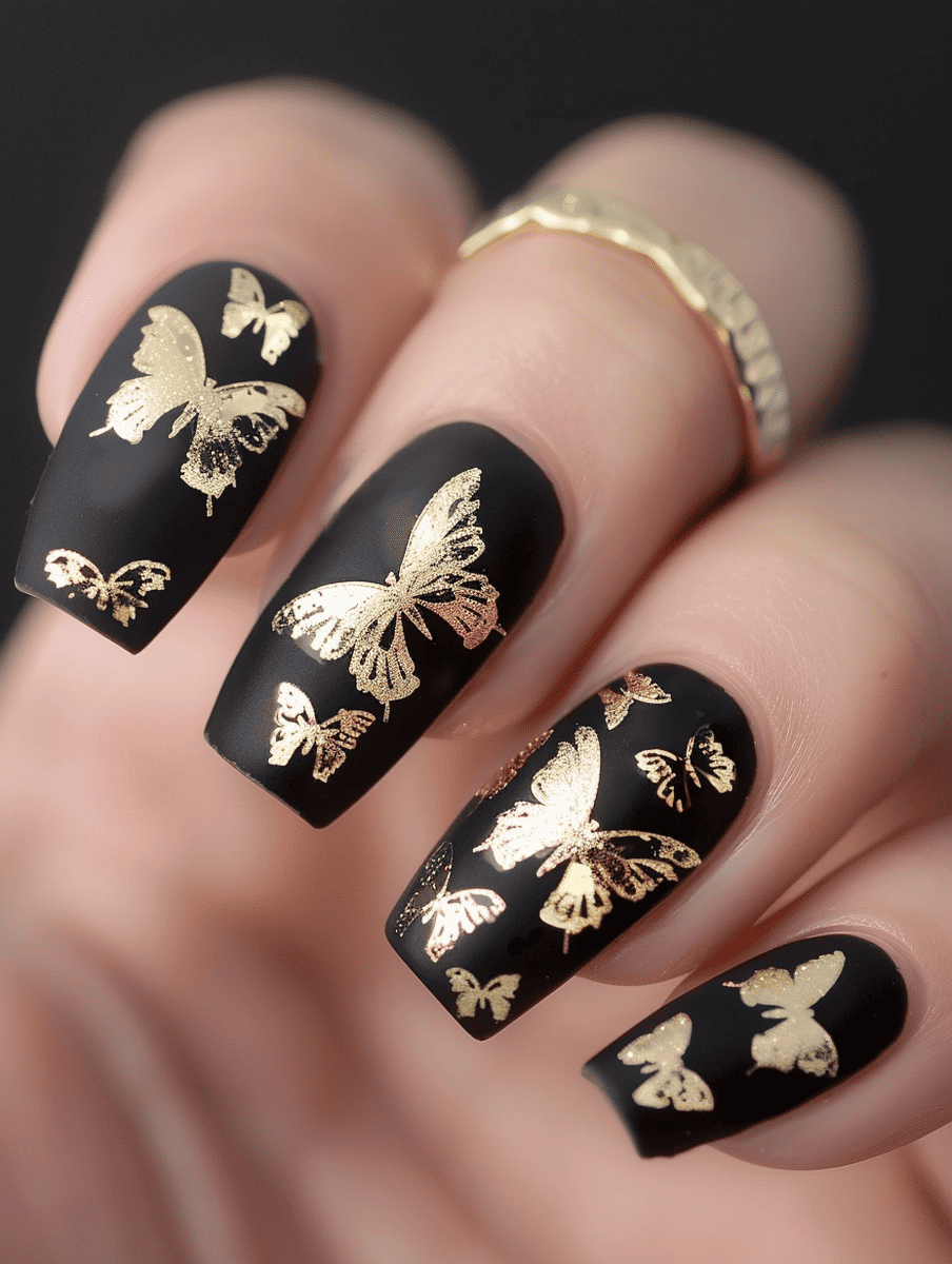butterfly nail art with metallic gold butterflies on matte black