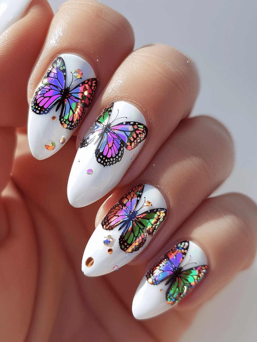 butterfly nail art with holographic butterflies over white polish