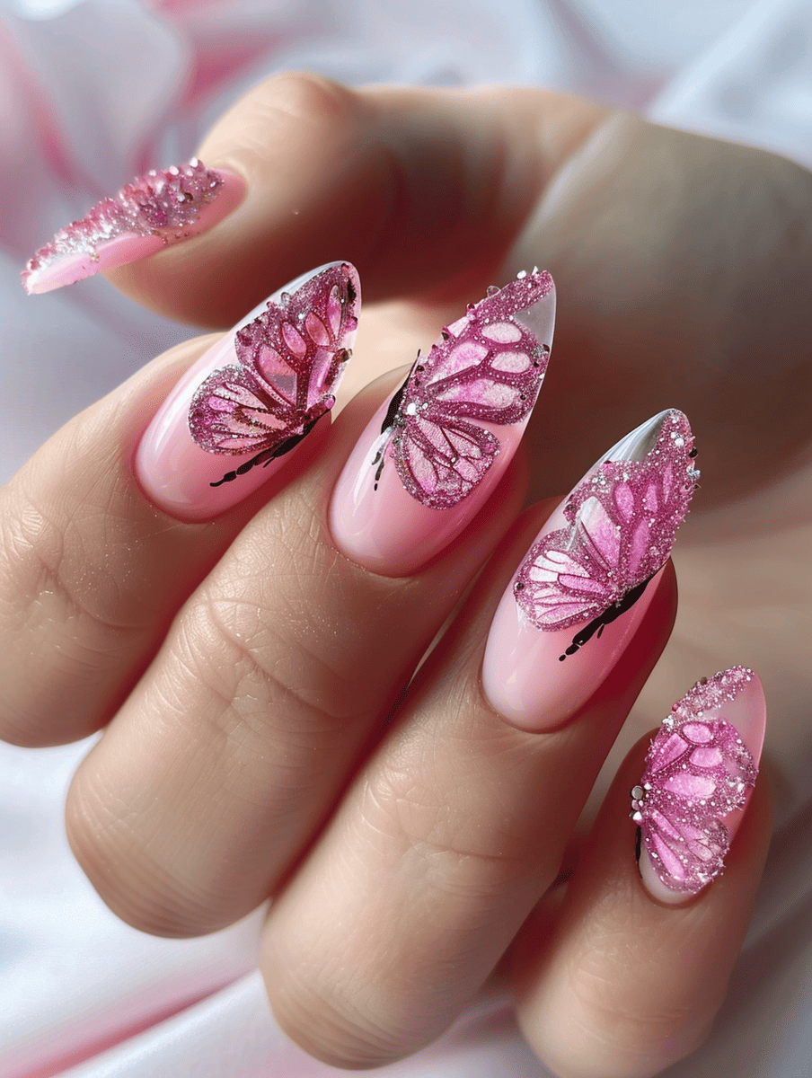 butterfly nail art with glitter-encrusted butterflies on pink