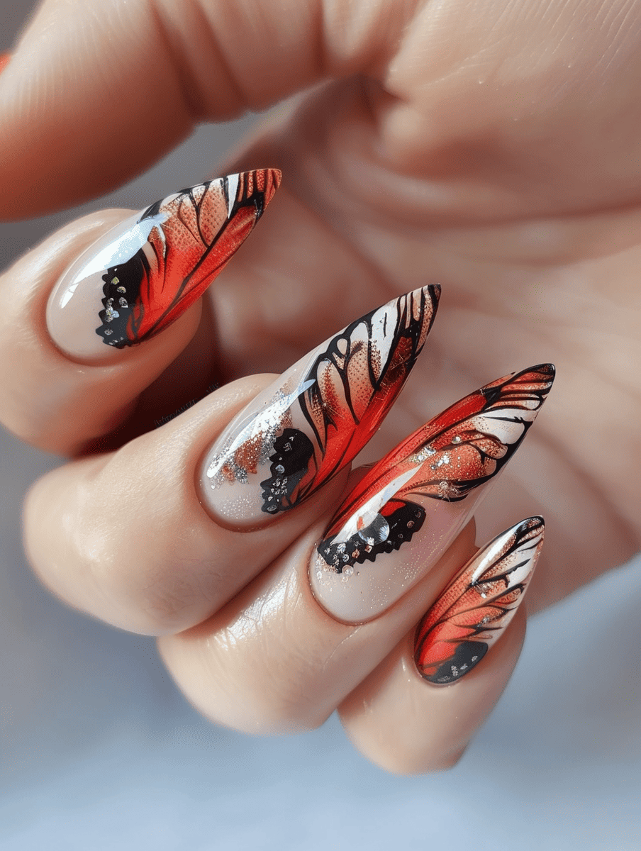 butterfly nail art with realistic butterfly wing art on almond nails