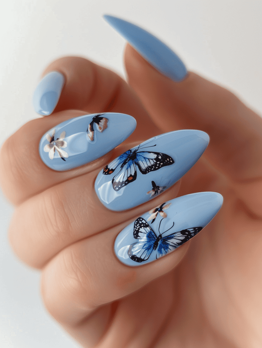 butterfly nail art with tiny butterfly decals on pastel blue