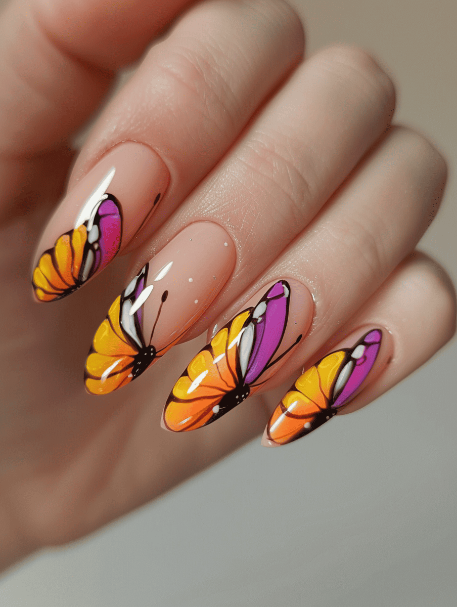 butterfly nail art with butterfly tips on French manicure