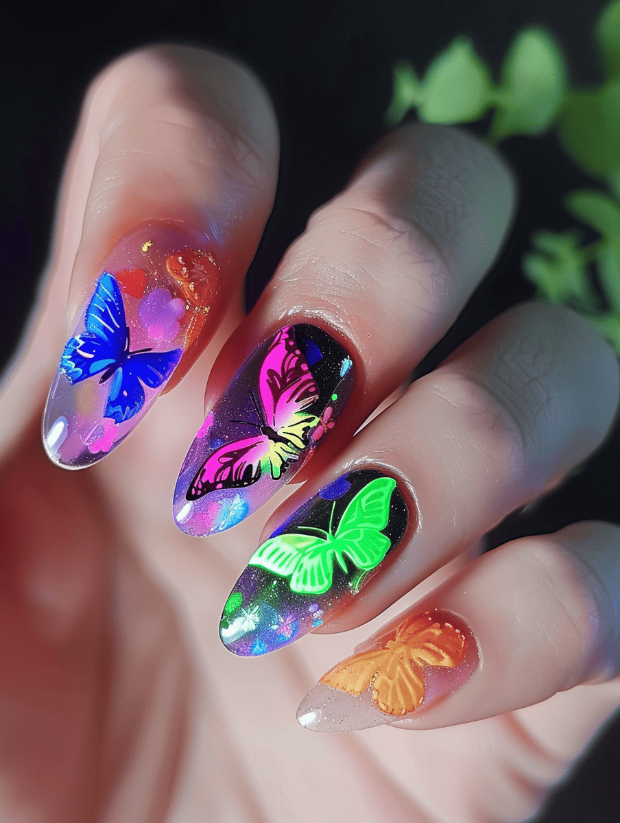 butterfly nail art with fluorescent butterflies on clear jelly nails