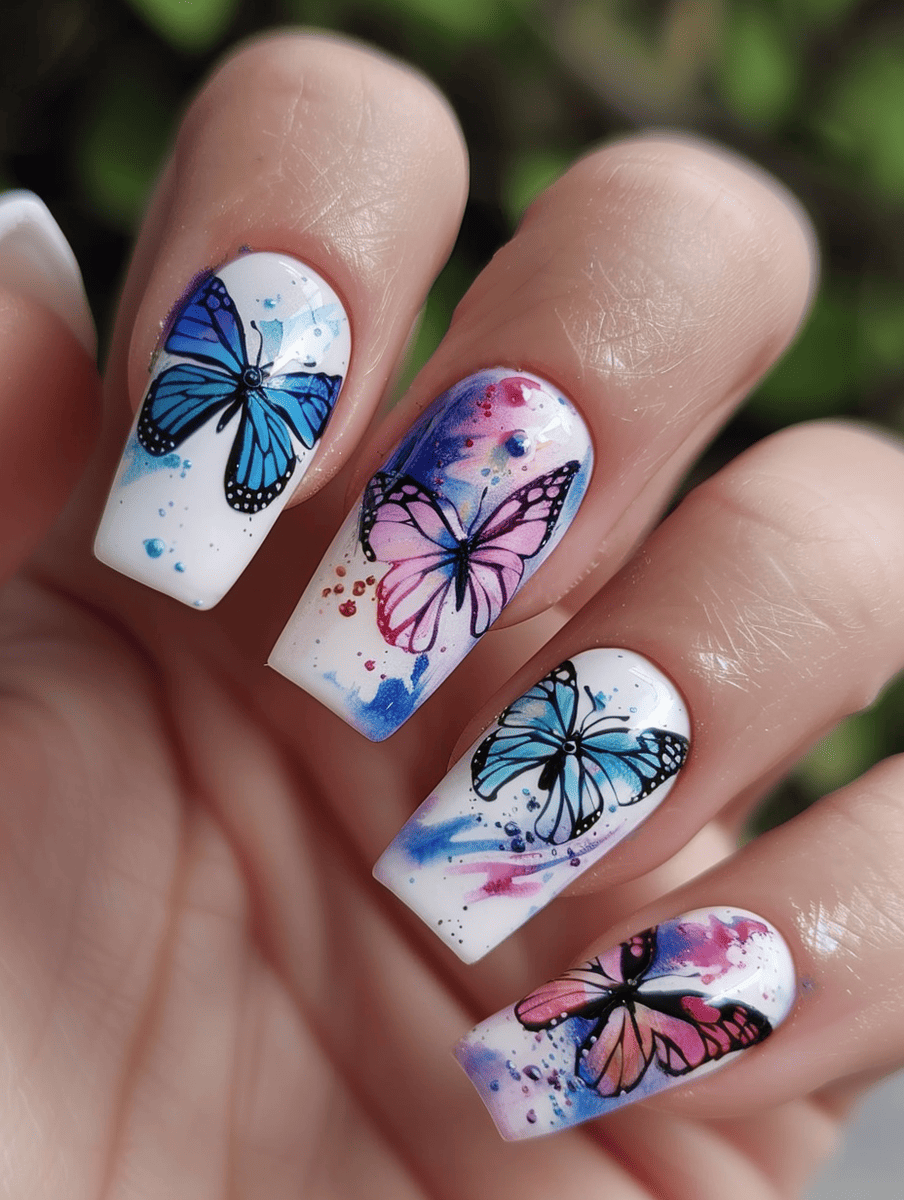 butterfly nail art with watercolor butterfly effect on square nails