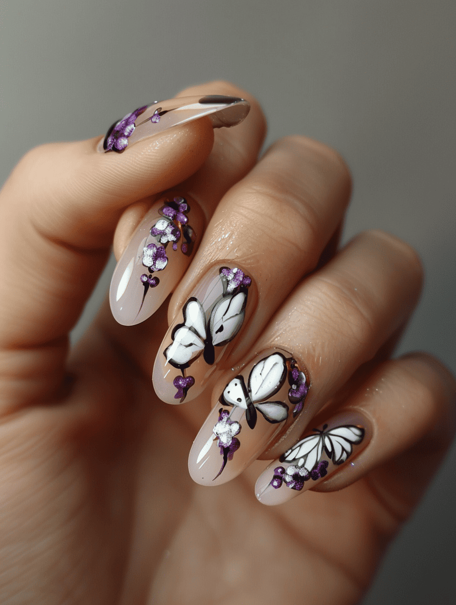 butterfly nail art with lavender fields and white butterflies