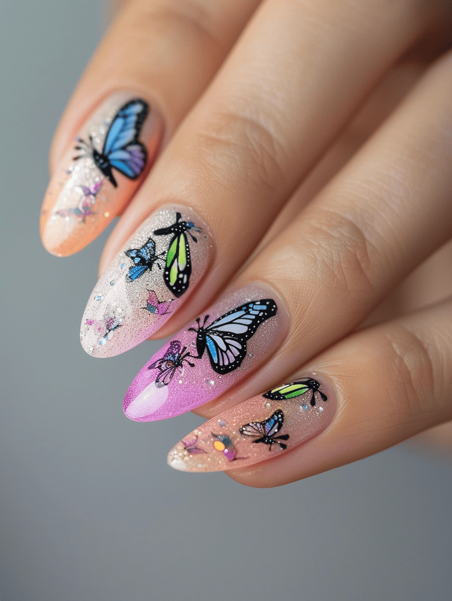 butterfly nail art with pastel butterflies on a glitter ombre