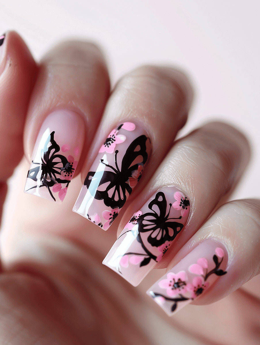butterfly nail art with cherry blossom pink and butterfly silhouettes