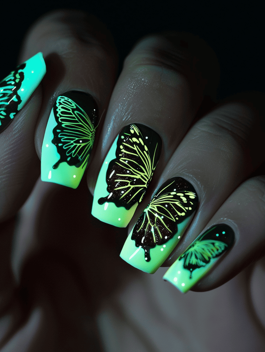 butterfly nail art with glow-in-the-dark butterfly accents