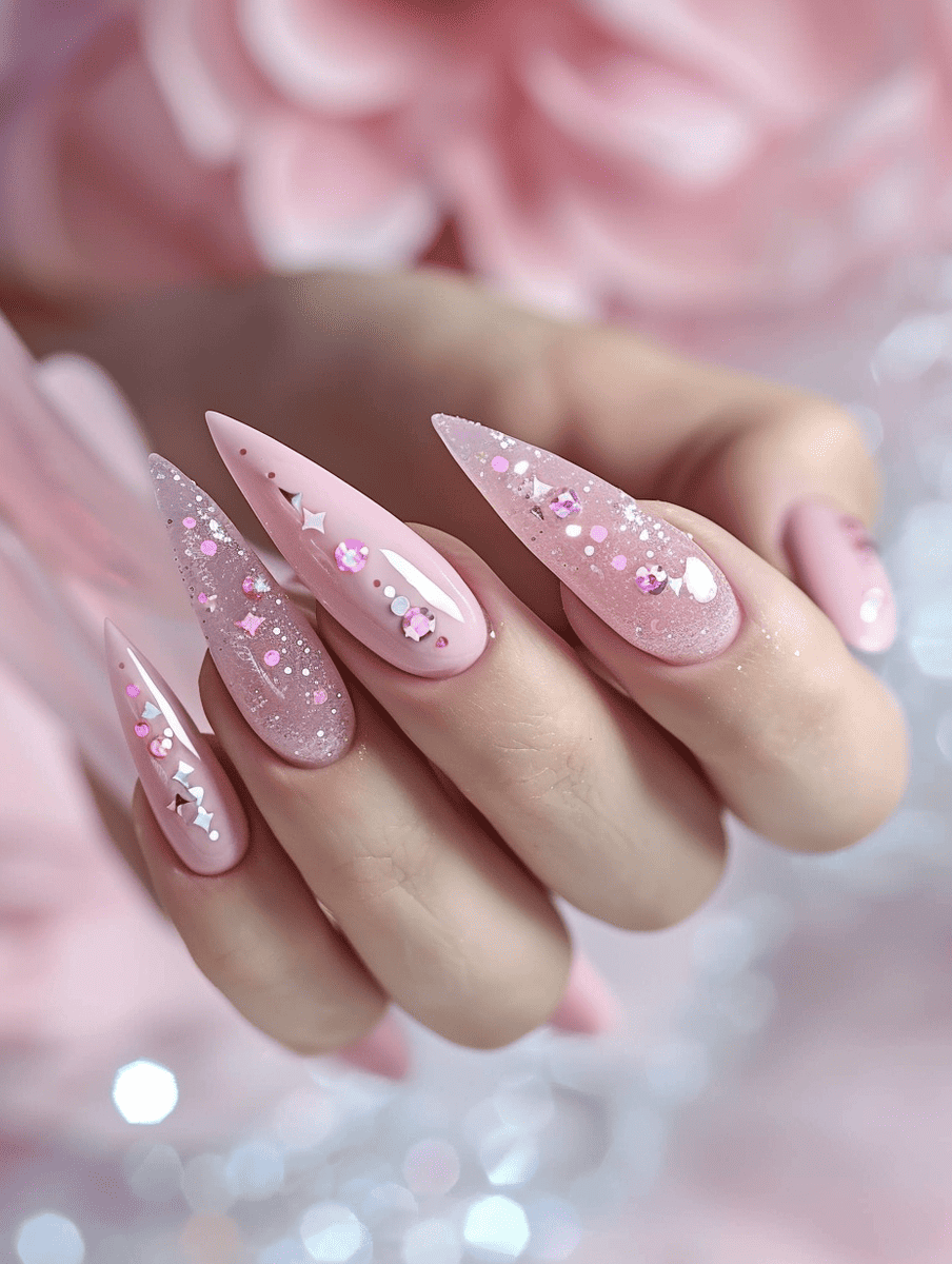 magic and fantasy nail design. pastel pink with fairy dust glitter