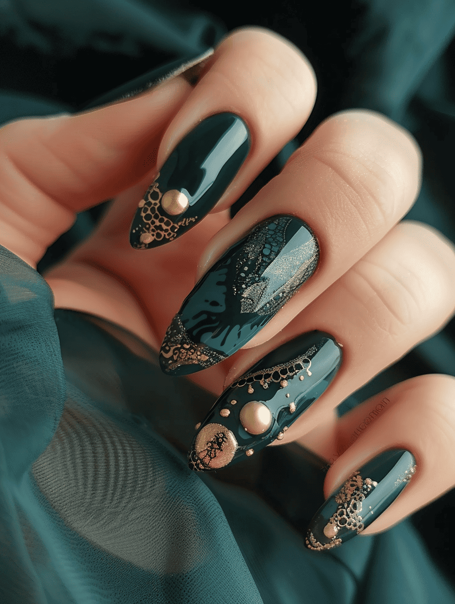 magic and fantasy nail design. dark green with golden accents