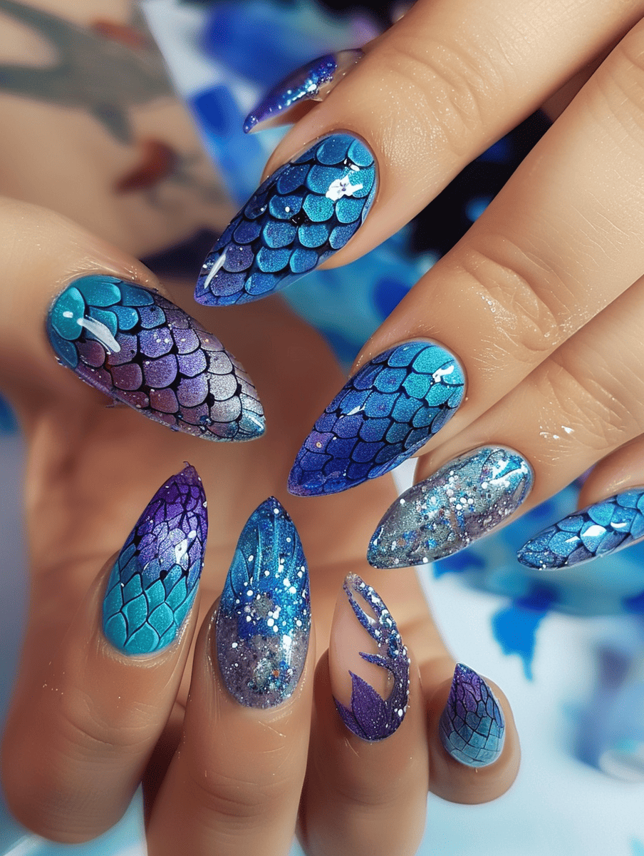 magic and fantasy nail design. mermaid scales in blue and purple