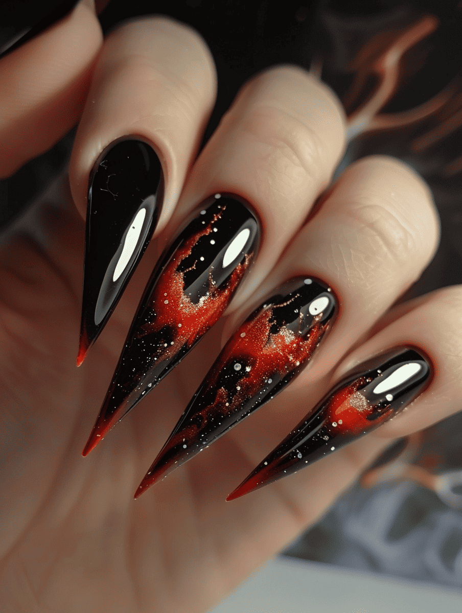 magic and fantasy nail design. black with crimson flames