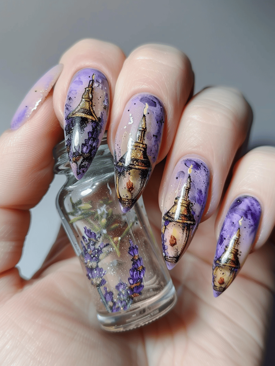 magic and fantasy nail design. lavender with potion bottle art