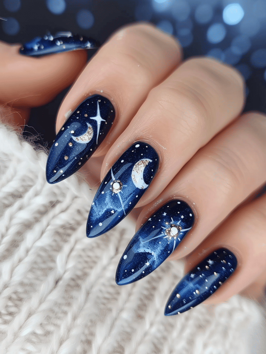 magic and fantasy nail design. midnight blue with moons and stars