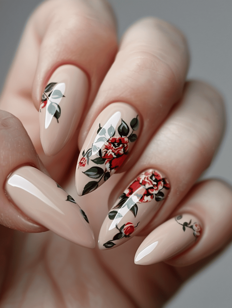 magic and fantasy nail design. soft beige with enchanted rose patterns
