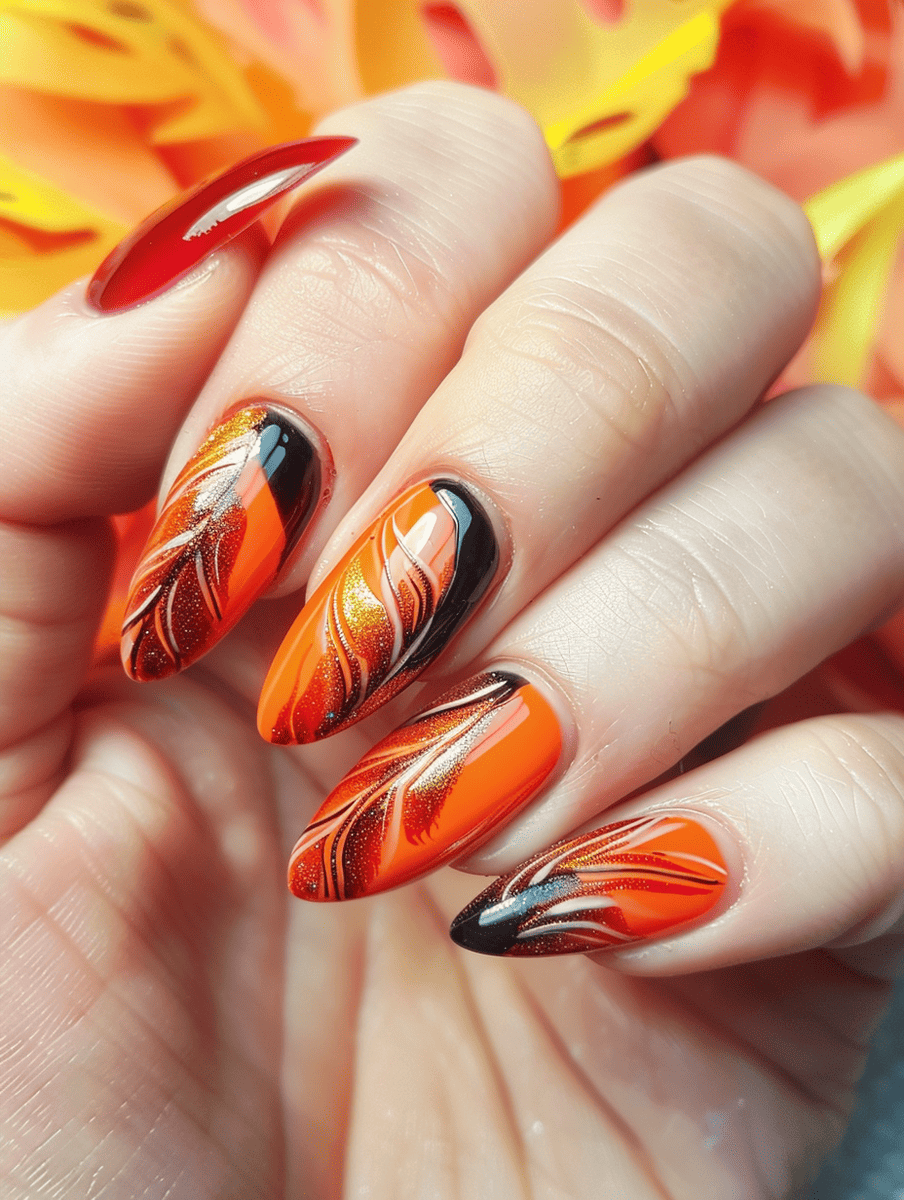 magic and fantasy nail design. phoenix feathers in orange and red